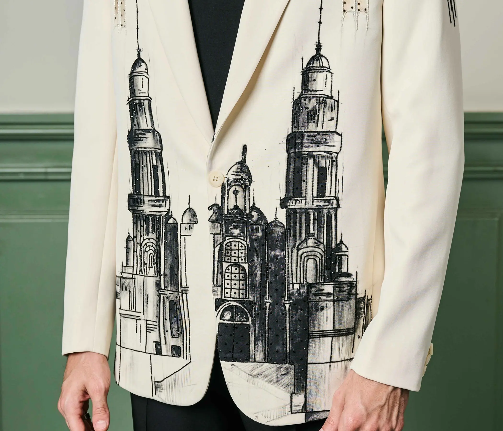 Aditya Seal Celebrity Collection – Hand Painted Ivory Architectural Art Blazer